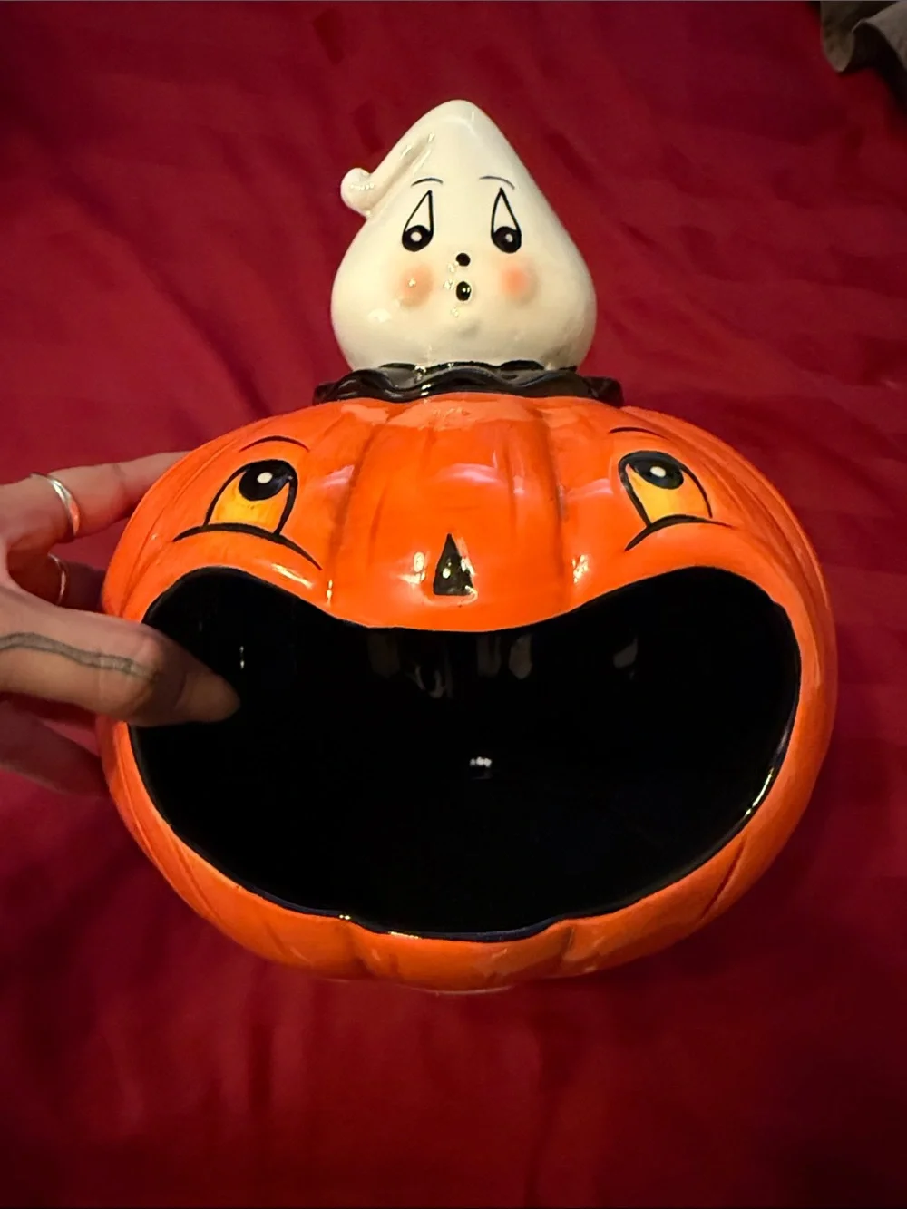 Johanna Parker Ceramic Pumpkin with Ghost Orange and White Holiday Retro Decor